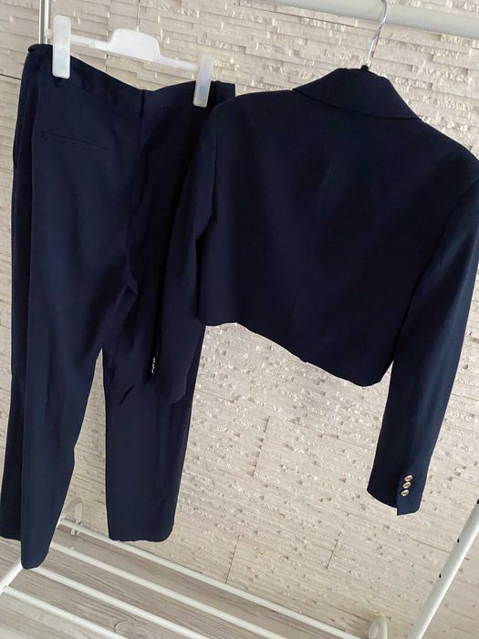 Zara granatowy garnitur krótki żakiet marynarka - szerokie spodnie