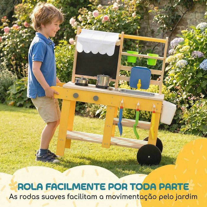 Cozinha Infantil Exterior de Madeira com Rodas Água Real Vasos Quadro e 15 Acessórios amarelo