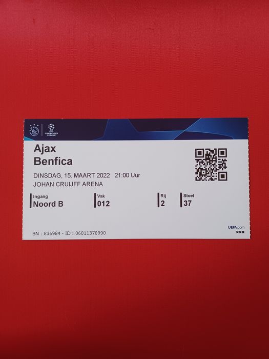 Extra raro bilhete físico usado Ajax 0, Benfica 1 (2022)
