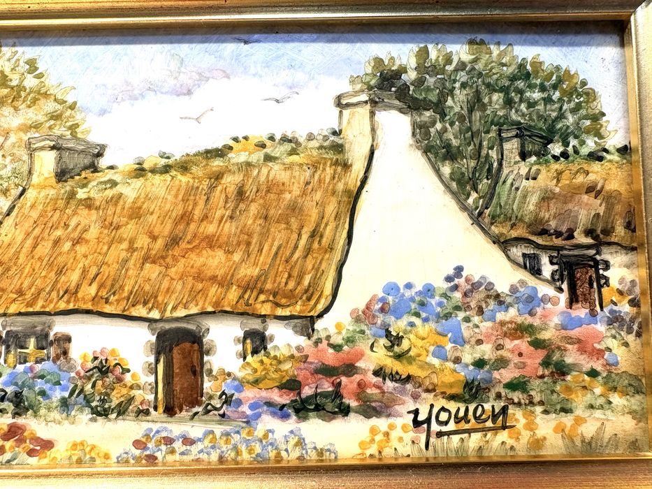 Linda pintura de paisagem francesa  sobre azulejo assinada Youen