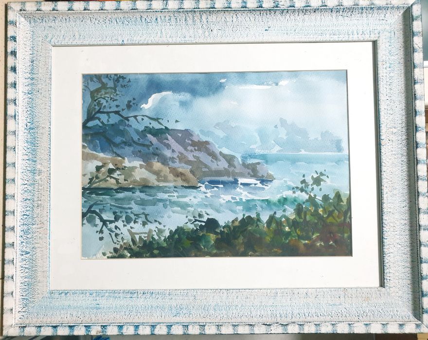 A. Abellan Aguarela com paisagem marítima  emoldurada