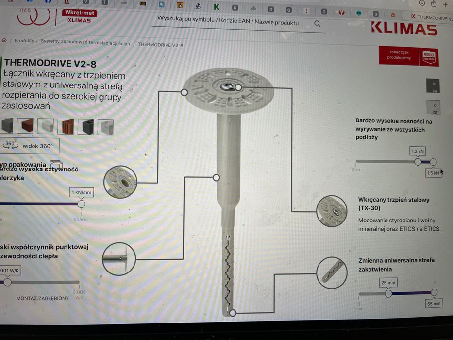 Klimas THERMODRIVE V2-8 kołki do wełny, styropianu, łącznik, talerz dociskowy, krążek