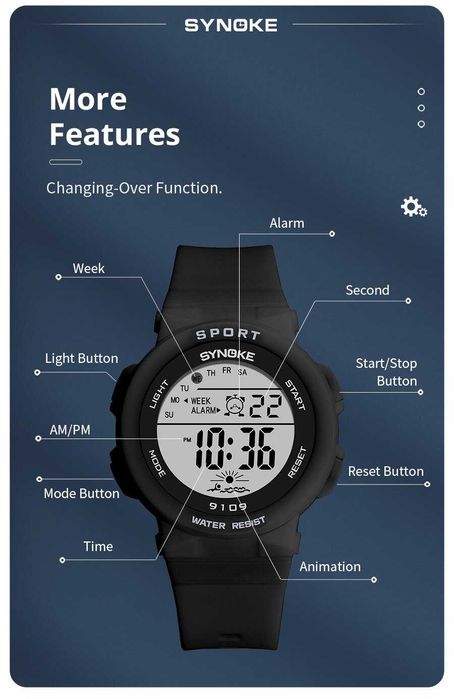 Zegarek damski Synoke elektroniczny cyfrowy sportowy LED datownik WR50