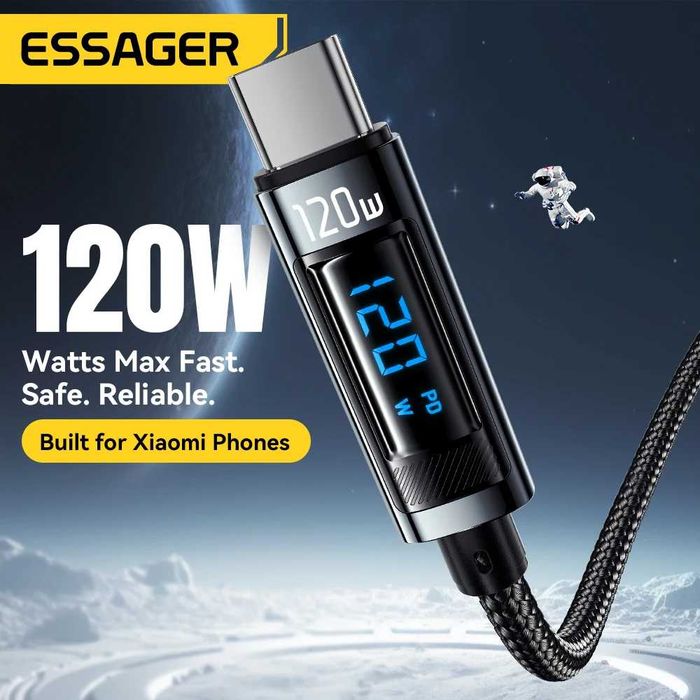 Кабель для Швидкої зарядки Essager 120W (USB - Type C) 1м з Дисплеєм. Для зарядки телефонів Супер Швидкою зарядкою 120W-33W від Xiaomi, Redmi, POCO