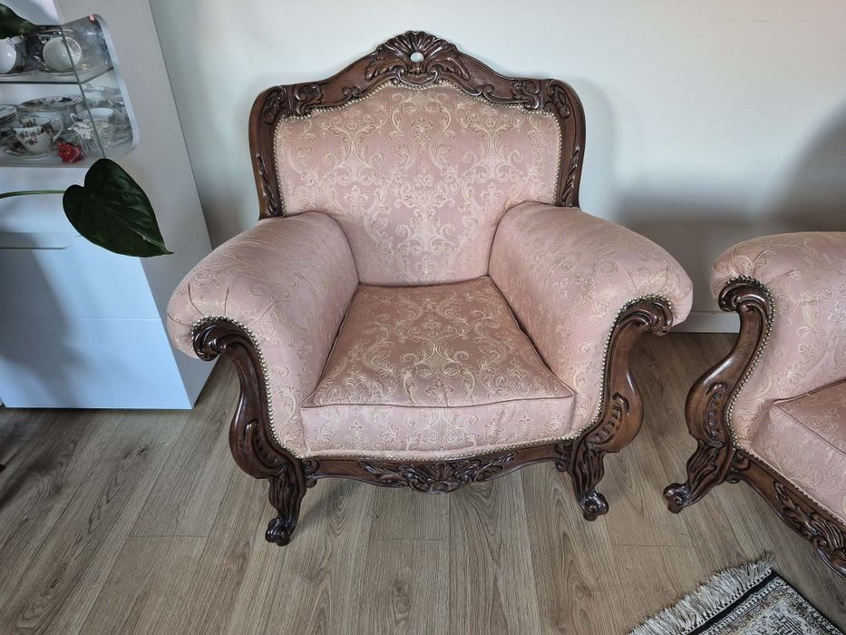 Sofa barokowa chippendale + 2 fotele – komplet w stylu ludwikowskim