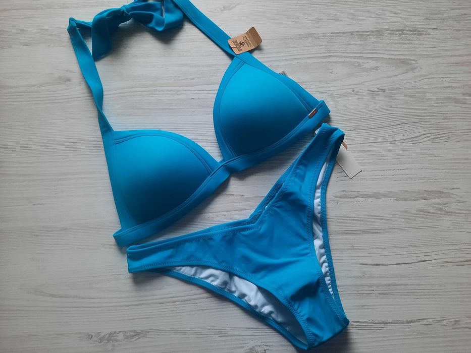 Купальник пуш-ап бандо Victoria's secret зеленый бирюзовый S M стразы голубой синий 70А 75В 85А 85В 90А 90В  с топом мягкая чашка в пальмовые листья