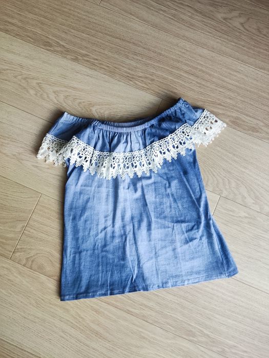 Bluzka koszulka hiszpanka niebieska jeansowa z haftem