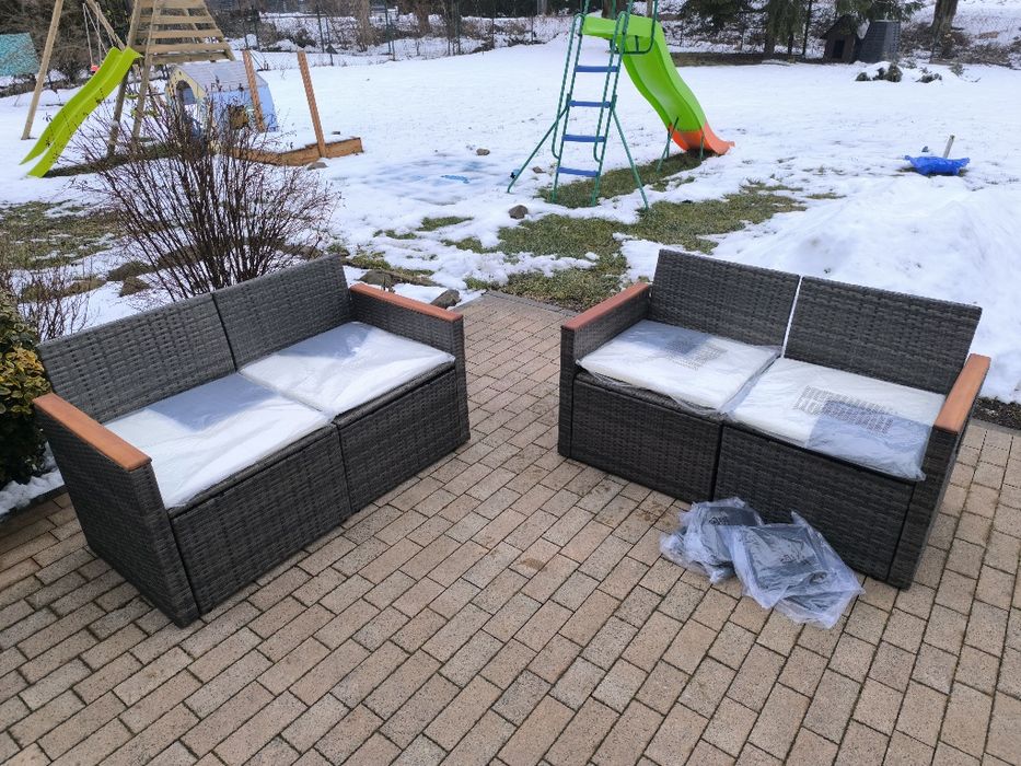 Nowe 2 sofy ogrodowe kanapy fotele modułowe z poduszkami rattan stolik