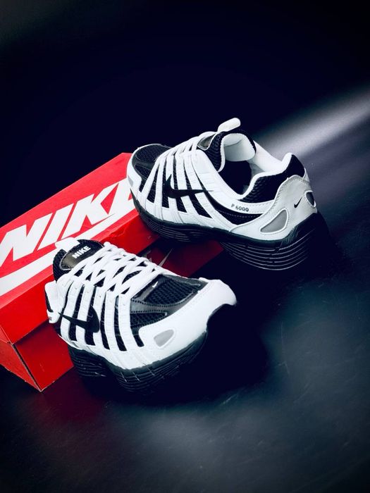 Черно белые мужские кросовки Летние красовки Найки лето Nike P 6000 натуральная кожа Продуваемая сетка Кросовки Nike P-6000