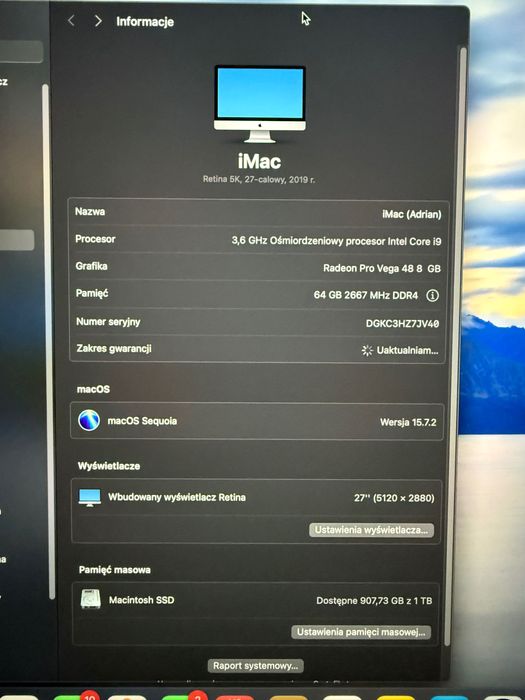 Apple iMac 27" 5K, i9 3,6 GHz, 1 TB SSD ,PRO VEGA 8 gb, 64 gb DDR4