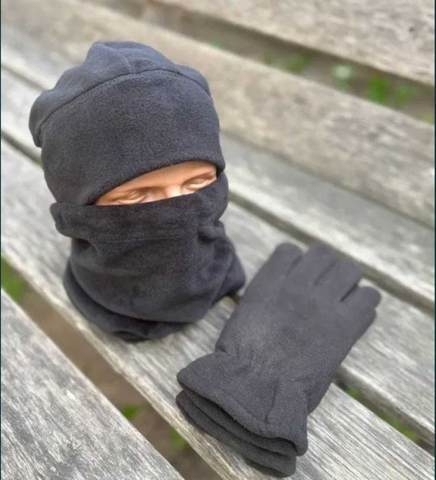 Тактический зимний комплект шапка флисовая баф перчатки олива шапка