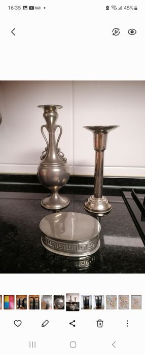 Jarra, guarda-joias e castiçal em estanho puro