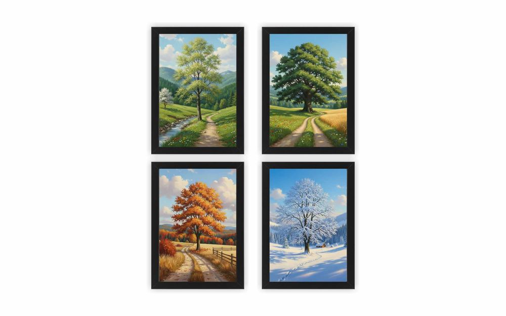 Zestaw obrazów w ramkach 4xA4 "Cztery Pory Roku" | Rustykalny, Olejny