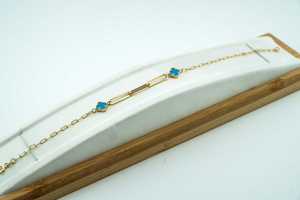 Piękna bransoletka spinacz paper clip niebieskie koniczynki złoto 585