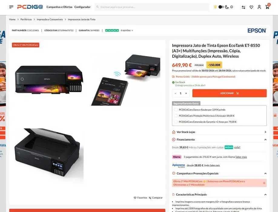 Impressora Jato de Tinta Epson EcoTank ET-8550 (A3+) Multifunções