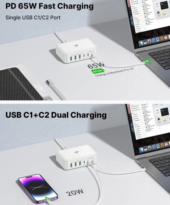 Szybka ładowarka USB C 165 W GaN 6-portowy blok ładowarki