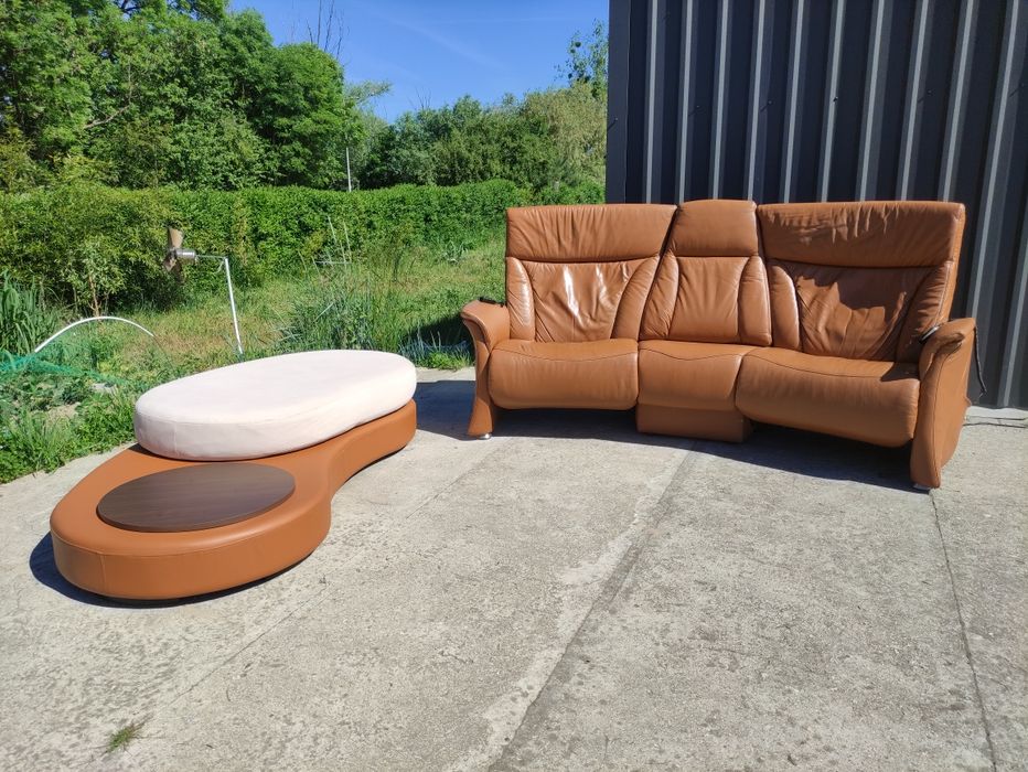 Sofa skórzana 3-osobowa z funkcjami relax+ duża pufa- skóra naturalna! Sterowanie pilotem! Nowoczesny! Okazja