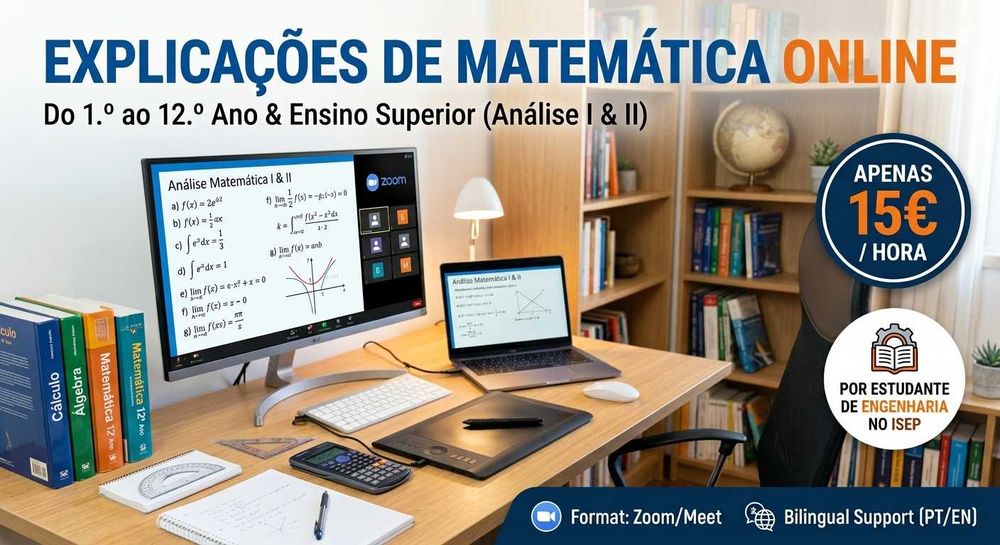 Explicações de Matemática Online — 1.º ao 12.º Ano e Análise I/II (15€/h)