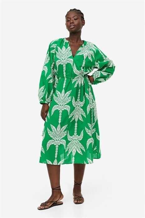 Новое хлопковое платье миди с рукавами баллон в пальмы принт от H&M