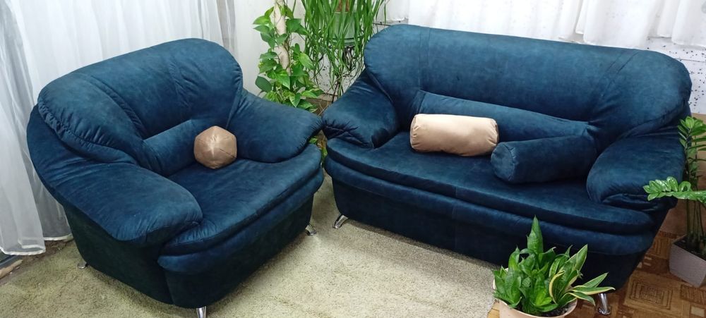 SOFA + FOTEL granatowy/ciemna zieleń  po renowacji