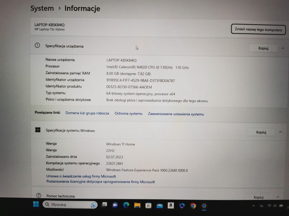 Laptop HP 15s-fq0930nw Celeron N4020/8GB/256SSD/15,6"FHD/Win11 + Torba