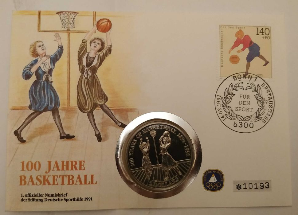 Niue-moeda de 5 dólares de 1991 e selo com carimbo do 1º dia