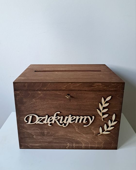 Rustykalne drewniane pudełko na koperty zamykane na kluczyk wesele ślu