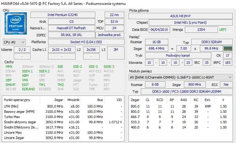 Komputer Intel G3240,  3,0 GHz,  16 GB, SSD.
