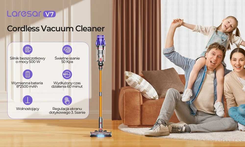 Laresar V7 500W 50KPA bezprzewodowy odkurzacz ręczny