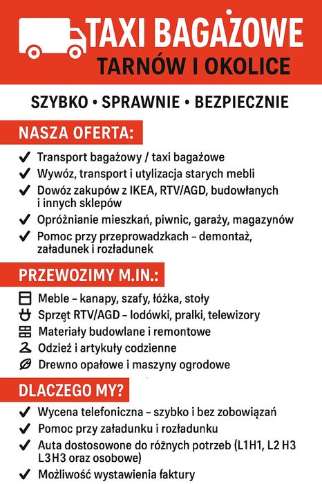 TAXI BAGAŻOWE – Tarnów/Kraków/Rzeszów przeprowadzki małopolskie podkar