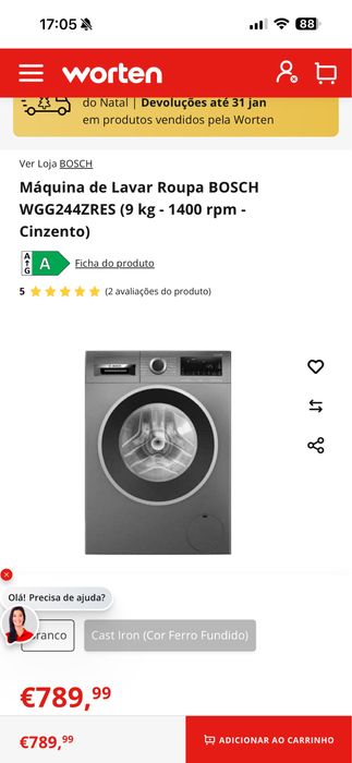 Máquina de Lavar Roupa Bosch Serie 6 WGG244ZRES 9kg 1400RPM