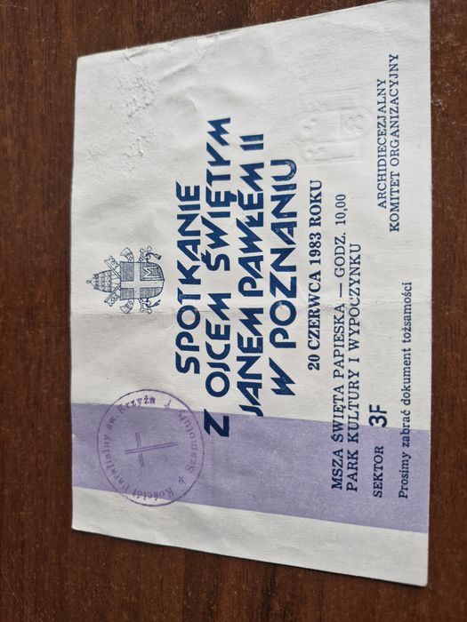 Wejściówka ,bilet Spotkanie z Ojcem Świętym Poznań  1983 r