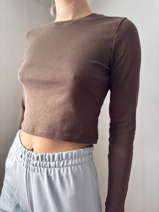 Brązowy basic top koszulka czekoladowa bawełniana pull and bear