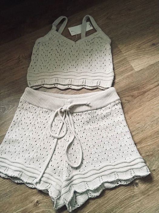 Nowy komplet  ażurowy bawełna/spodenki top bluzka cotton beżowy
