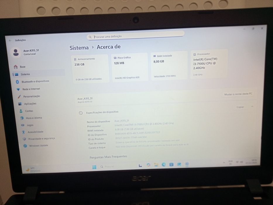 Acer Aspire A315-51 - i3-7100 | 8GB RAM | 256GB SSD | W11 + OFFICE 24