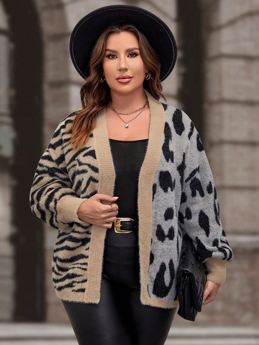Kardigan Sweterek Oversize Włochaty Zebra Panterka Casual Shein Xxl