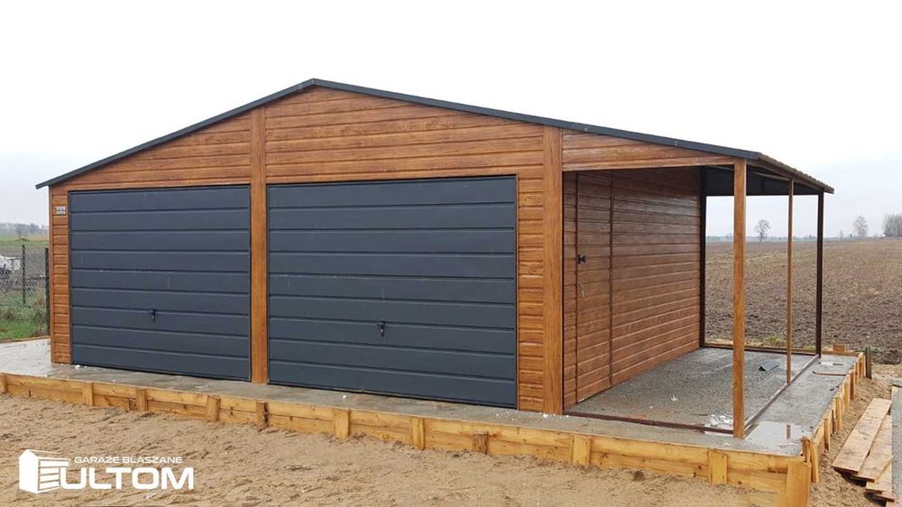 Garaż drewnopodobny z  wiatą blaszak konstrukcja profil