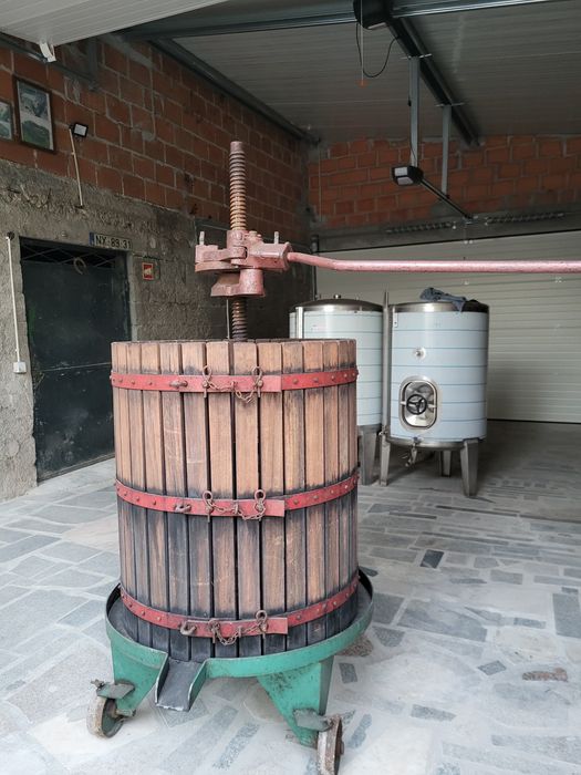 Prensa de uvas, cubas inox e esmagador elétrico
