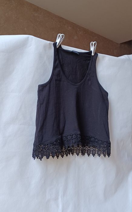 Terranova czarny top koszulka koronka lato wiosna XS 34 S 36 lekka hit