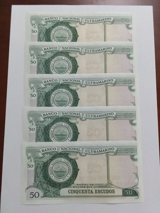 ,5 notas novas ,50 escudos, Moçambique