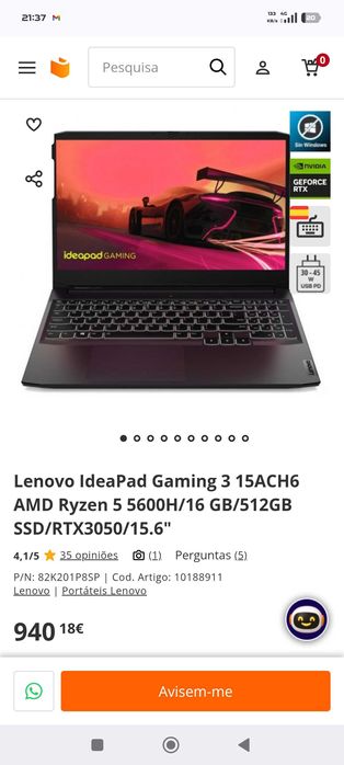 Portátil Lenovo ideapad 3 15ACH6