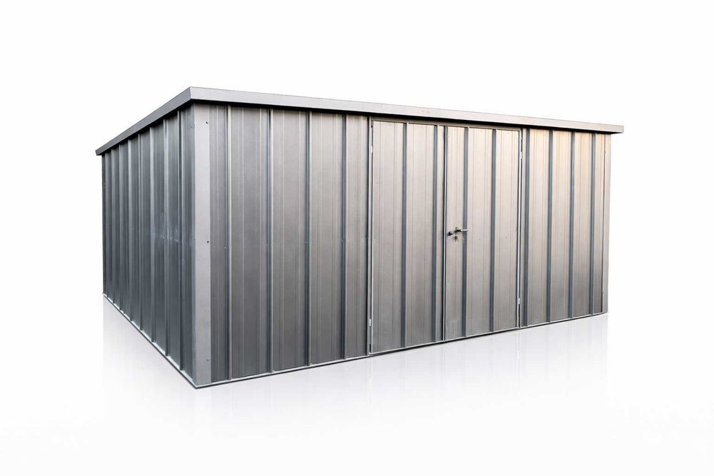 Nowoczesny Garaż Blaszany 5x4 jednospadowy Rąbek Ciemny Grafit, Brama dwuskrzydłowa PRODUCENT