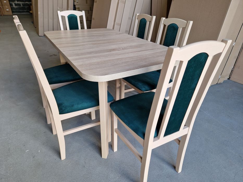 Nowe: Stół 80x140/180 + 6 krzeseł, sonoma + zielony butelkowy, transPL