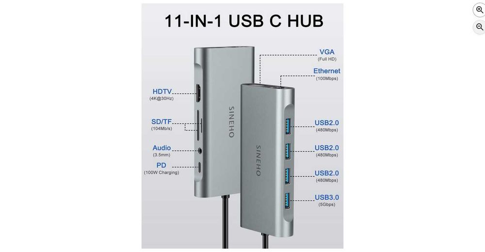 Stacja dokująca USB HUB 11 w 1 Sineho Ethernet MicroSD USB 2.0 USB 3.0 VGA