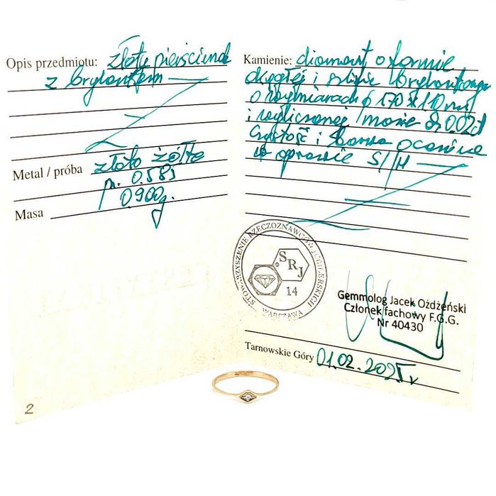 Złoty pierścionek z brylantem r.15 34/21/24