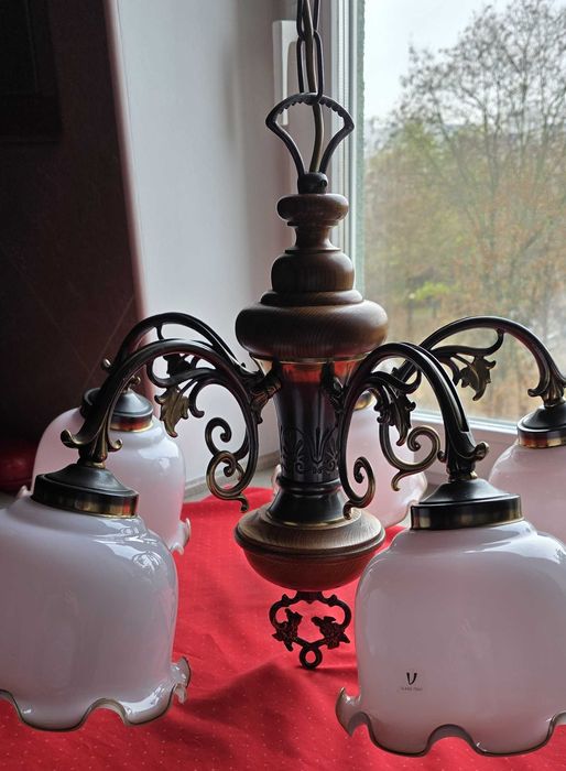 Żyrandol Lampa Wisząca Klosze Szklane Mosiądz Lakierowany Made  Italy