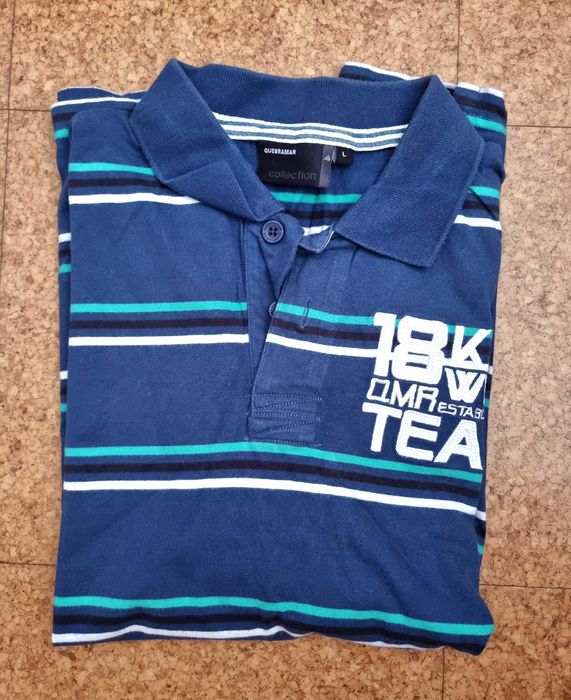 Polo de manga curta azul às riscas Quebramar, tamanho L