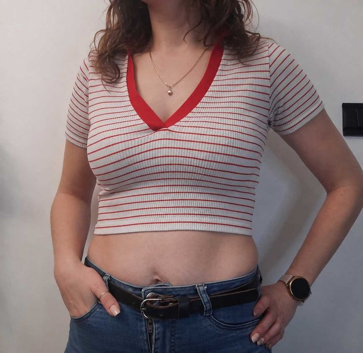 Crop top w paski bluzka biało czerwona bluzeczka Dunnes XS S 34 36