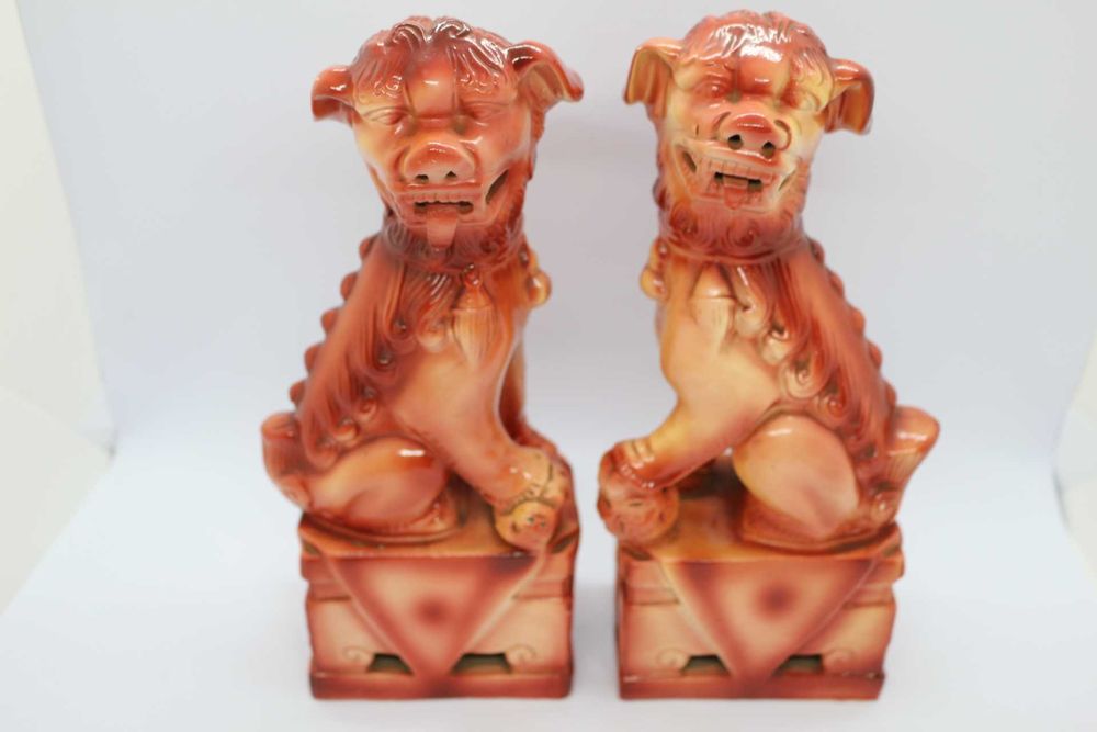 Par de Cães Foo 22 cm Monocromos Cerâmica Chinesa XX