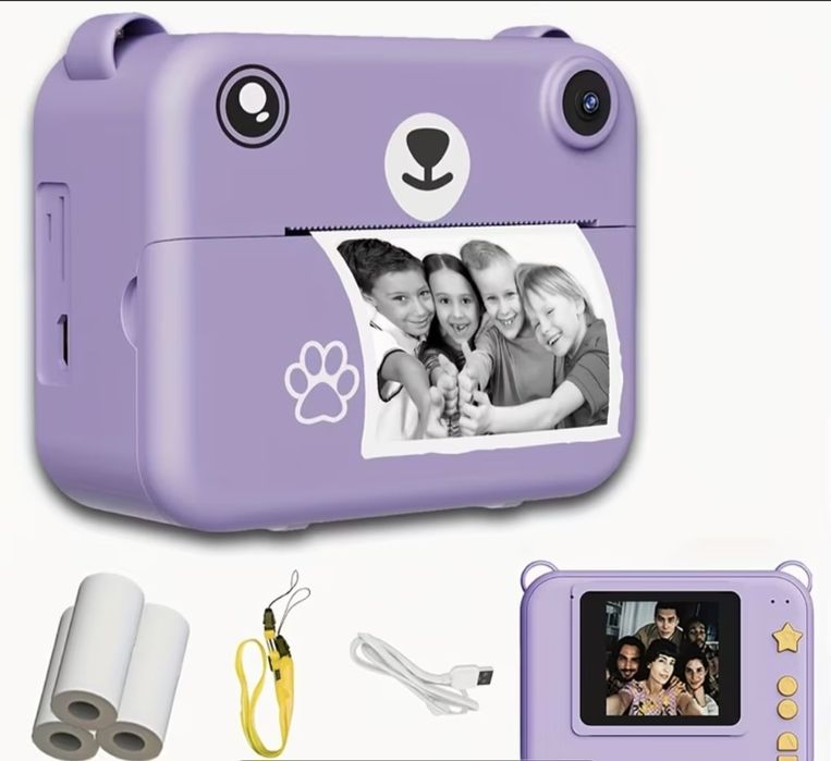 Дитячий фотоапарат з миттєвим друком, картою пам'яті,іграми та селфі.